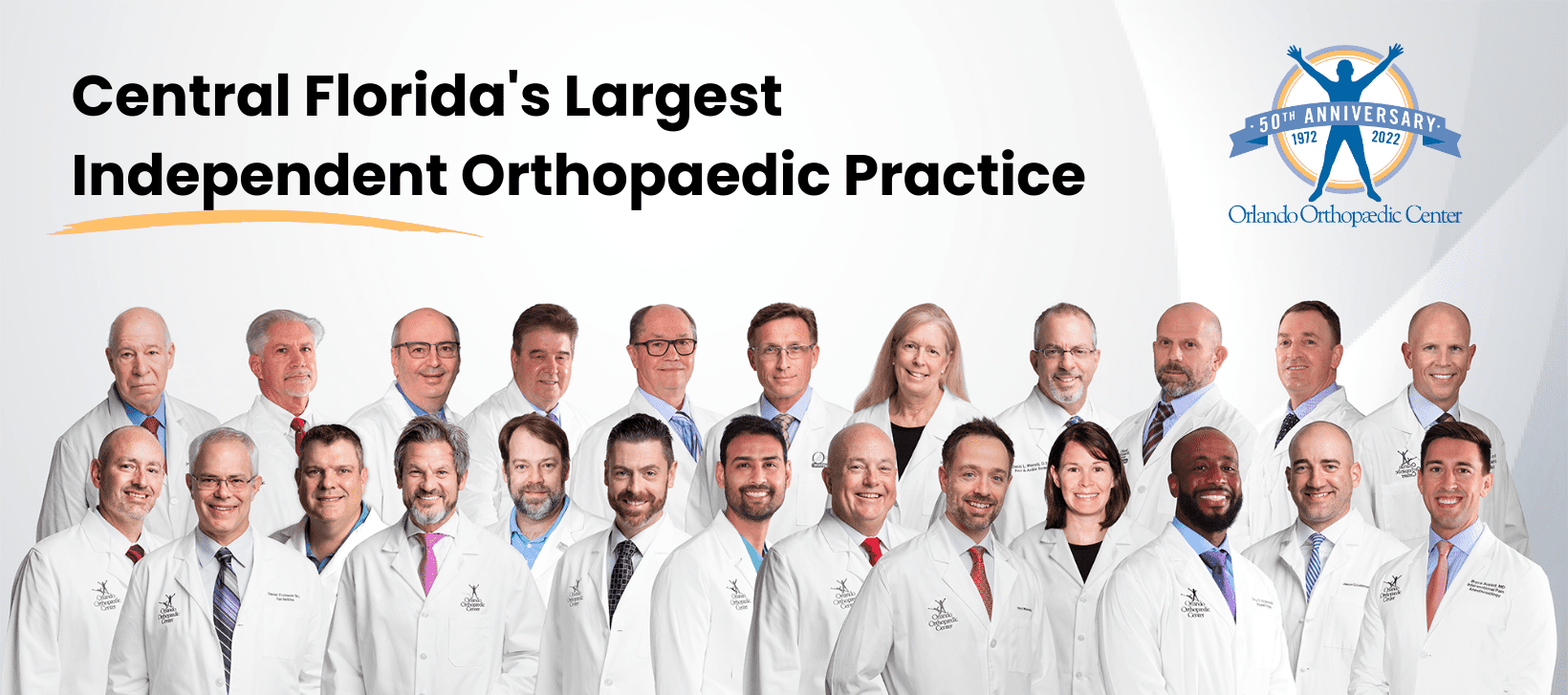 Orlando Orthopaedic Center 50 years photo with all current orthopaedic surgeons and physicians
