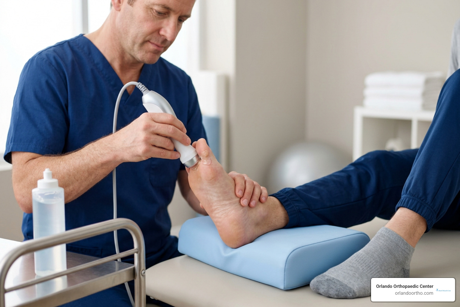 physical therapist applying ultrasound therapy to a turf toe injury